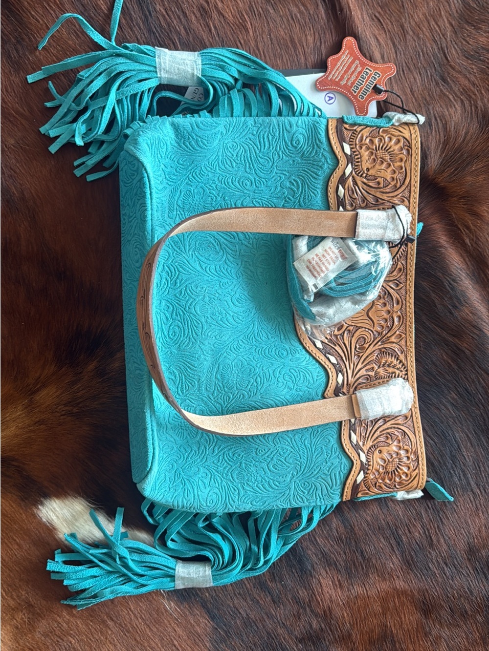 American Darling Turquoise Tooled Fringe Shoulder Bag with Tan Accents
